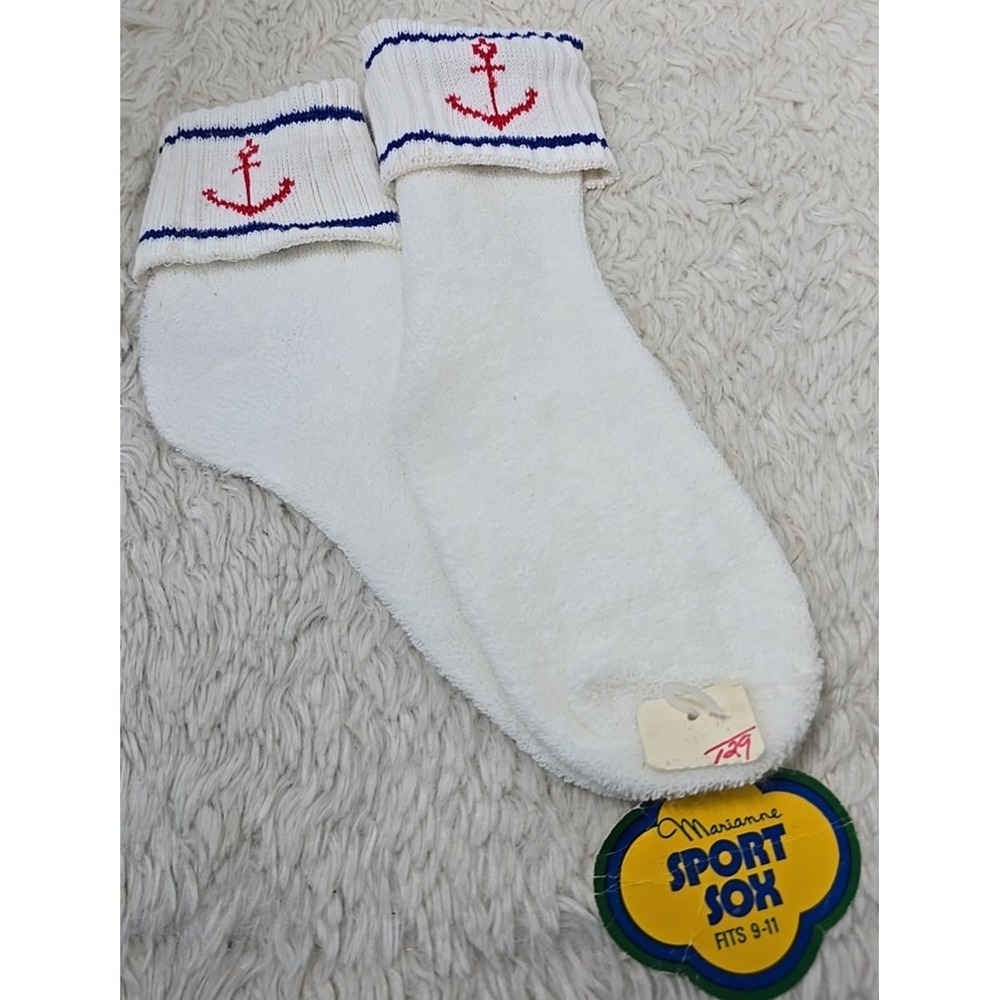 Vintage Sport Sox White Ankle Footie Socks Women's 9-11 Nautical Terry Cloth NWD